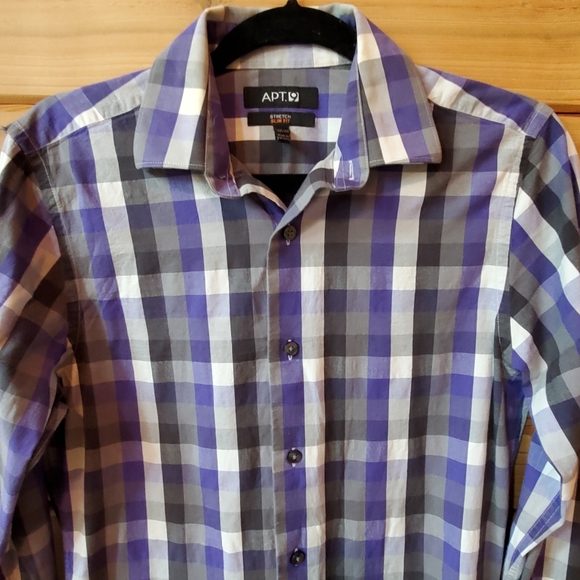 APT 9 Stretch Slim Fit Purple Checkered Button Up Shirt SZ 14.5 32/33 - Picture 2 of 7
